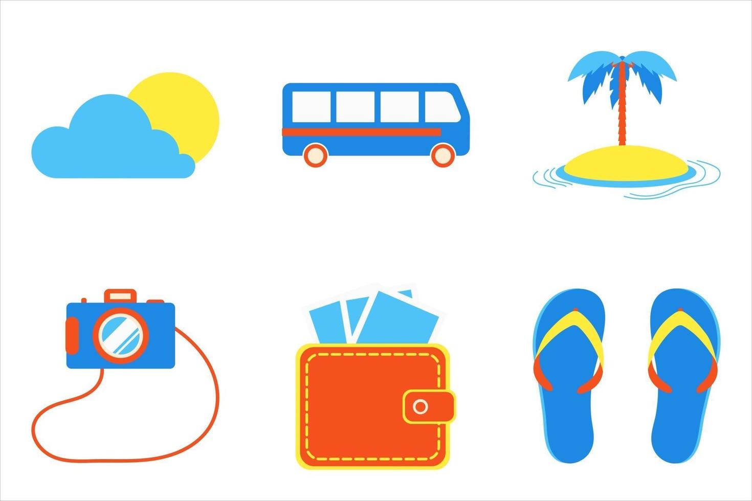 vacaciones de verano vacaciones elementos de playa conjunto de diseño de estilo plano. isla, sol, nube, autobús, cámara, billetera, zapatillas iconos de signos - símbolos de la temporada de vacaciones exóticas aisladas sobre fondo blanco. vector