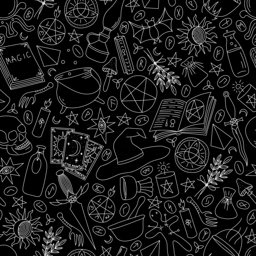 BLACK SEAMLESS BACKGROUND WITH SILHOUETTES OF OBJECTS FOR MAGIC vector