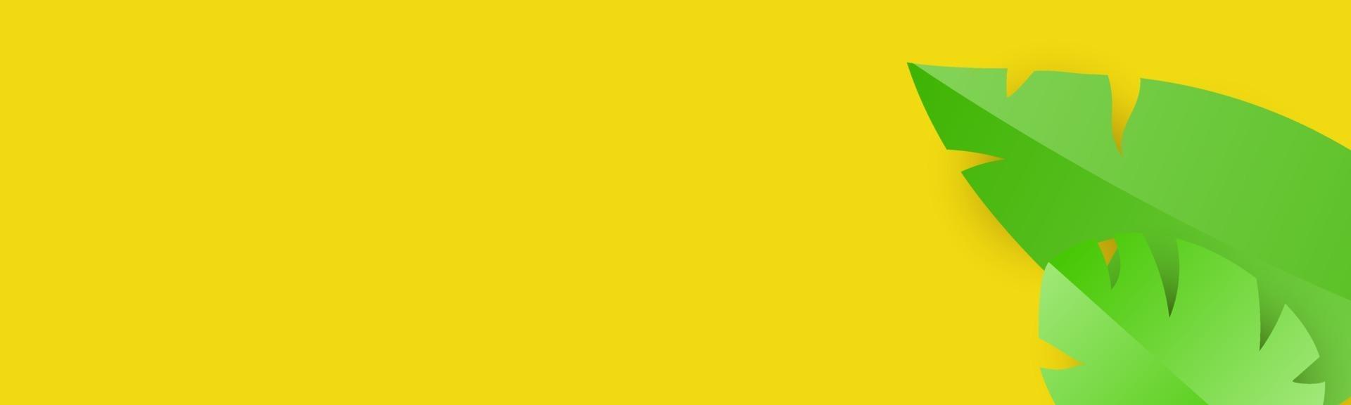 Top view of paper cut green tropical leaves on yellow bright background with copy space vector