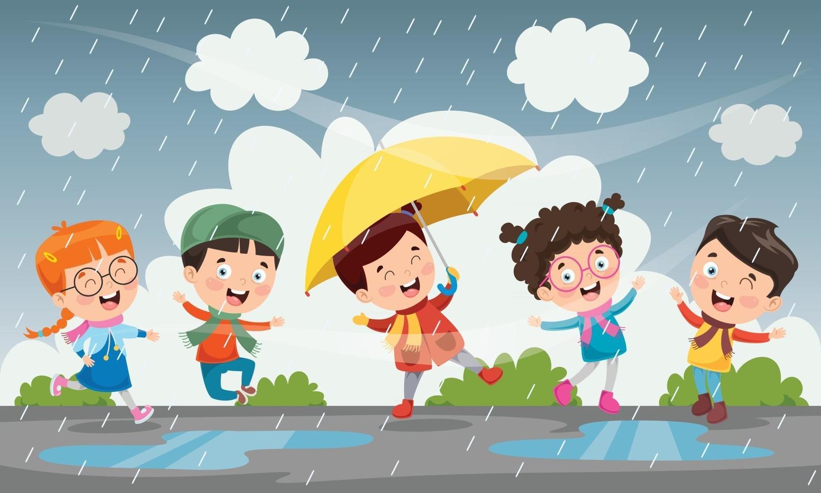 Children Using Umbrella Under The Rain vector
