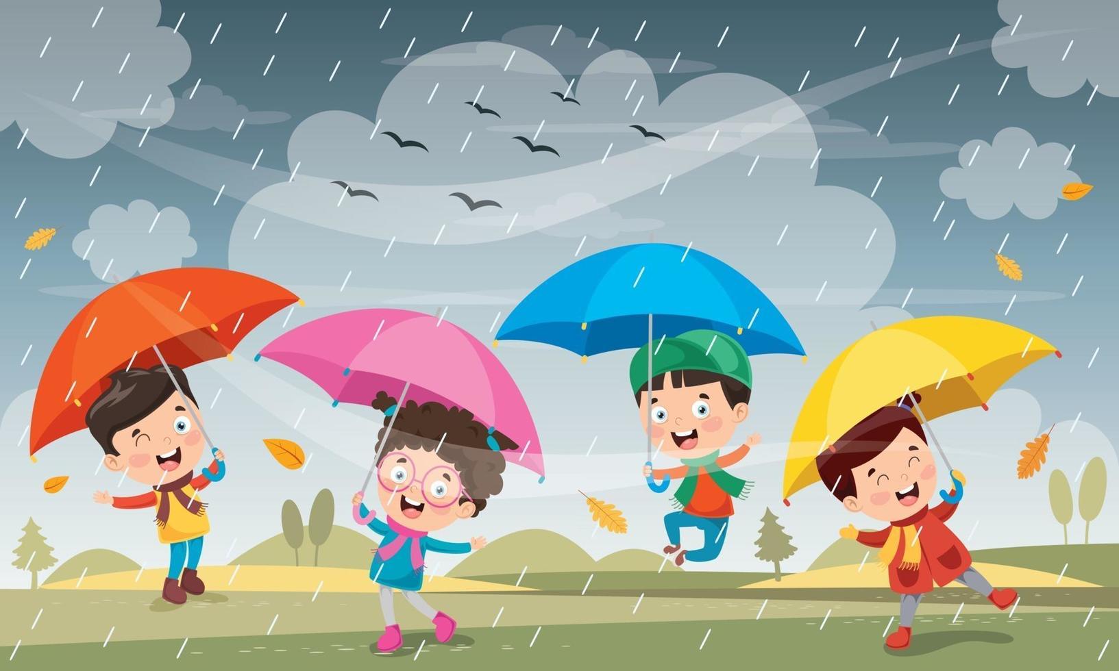 Children Using Umbrella Under The Rain vector