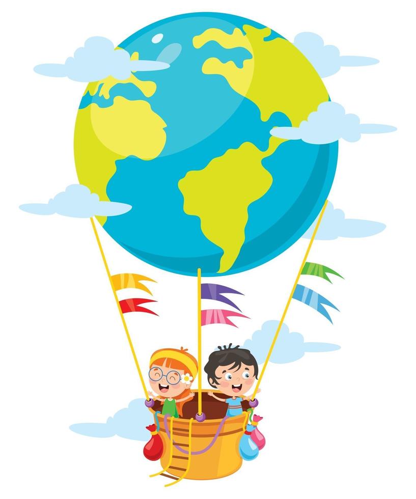 Little Students Flying With Planet Earth Balloon vector