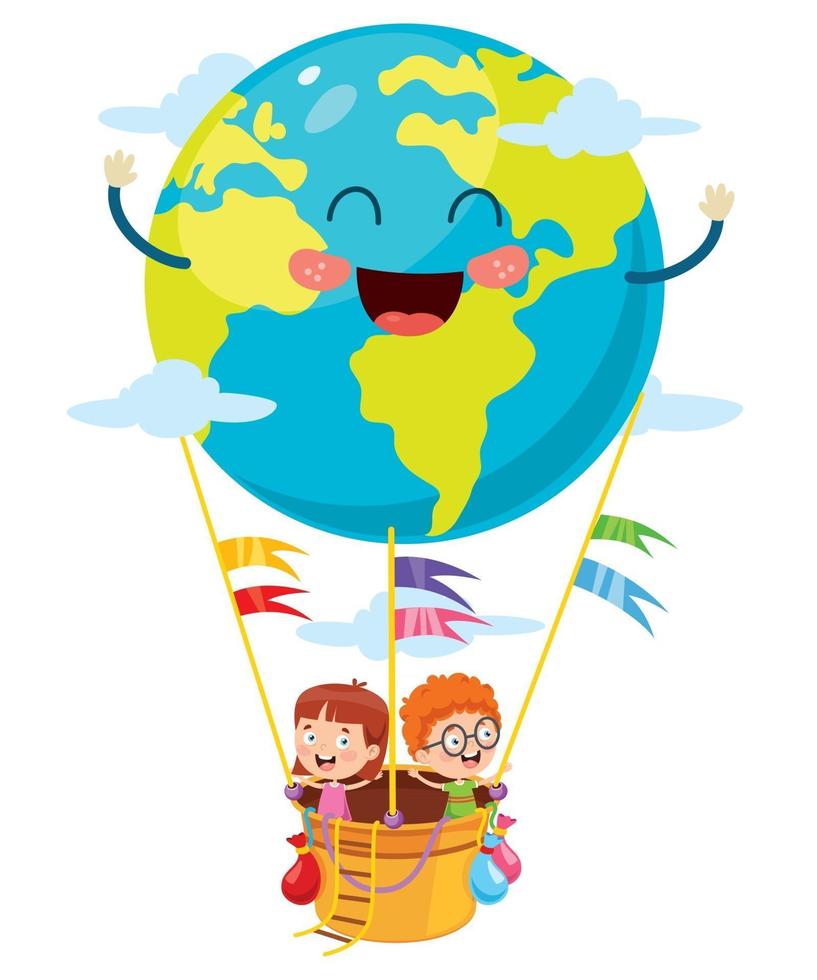 Little Students Flying With Planet Earth Balloon vector