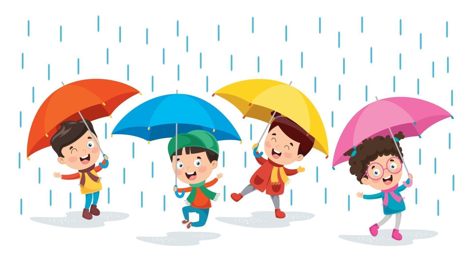 Children Using Umbrella Under The Rain vector