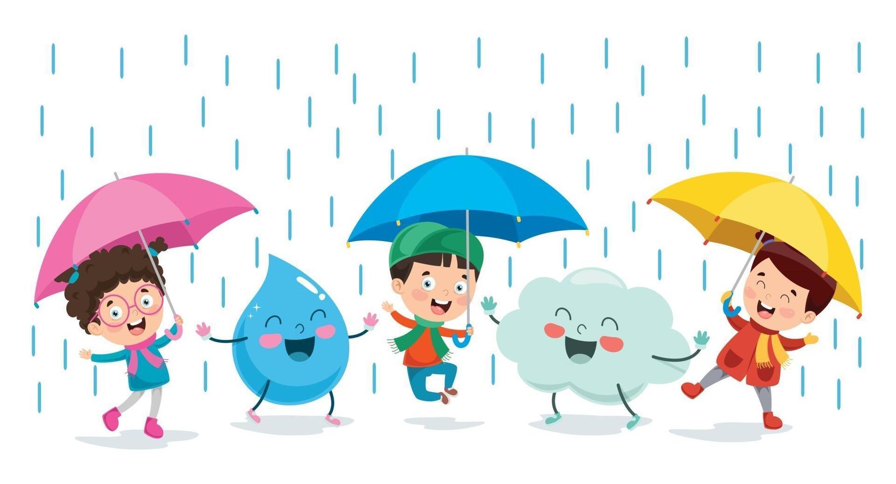 Children Using Umbrella Under The Rain vector