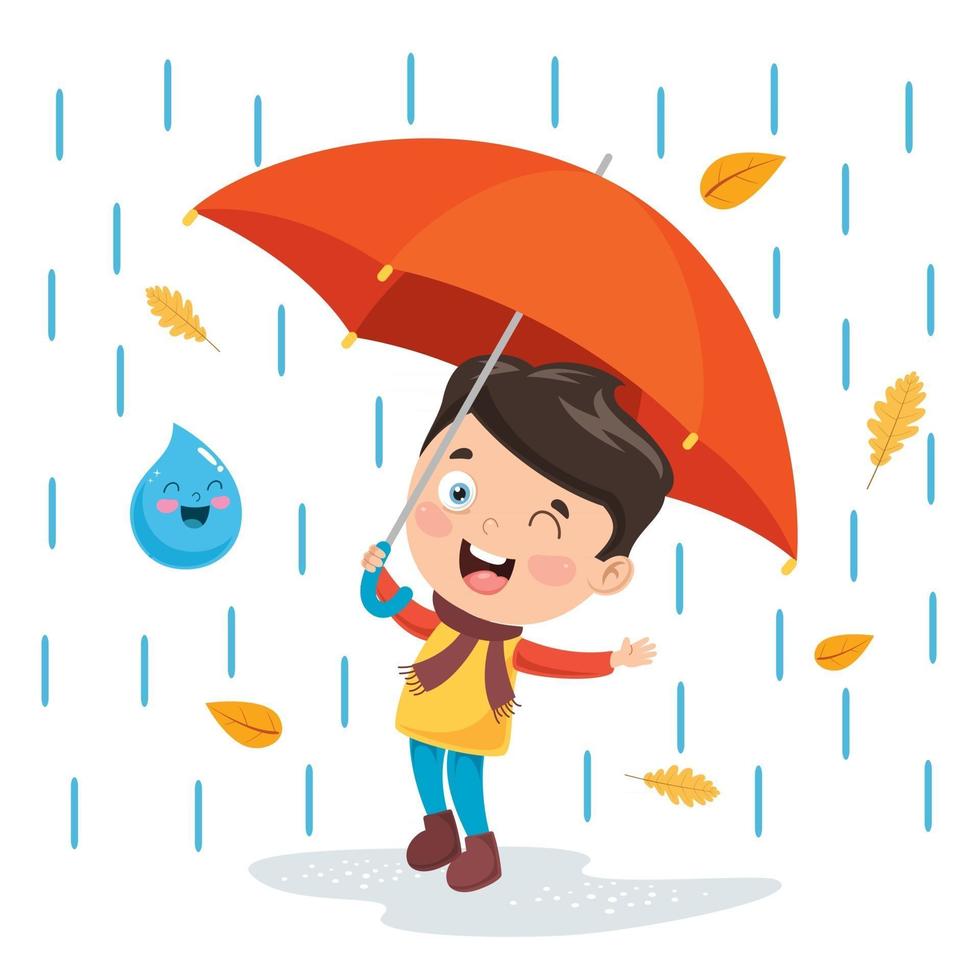 niños usando paraguas bajo la lluvia vector