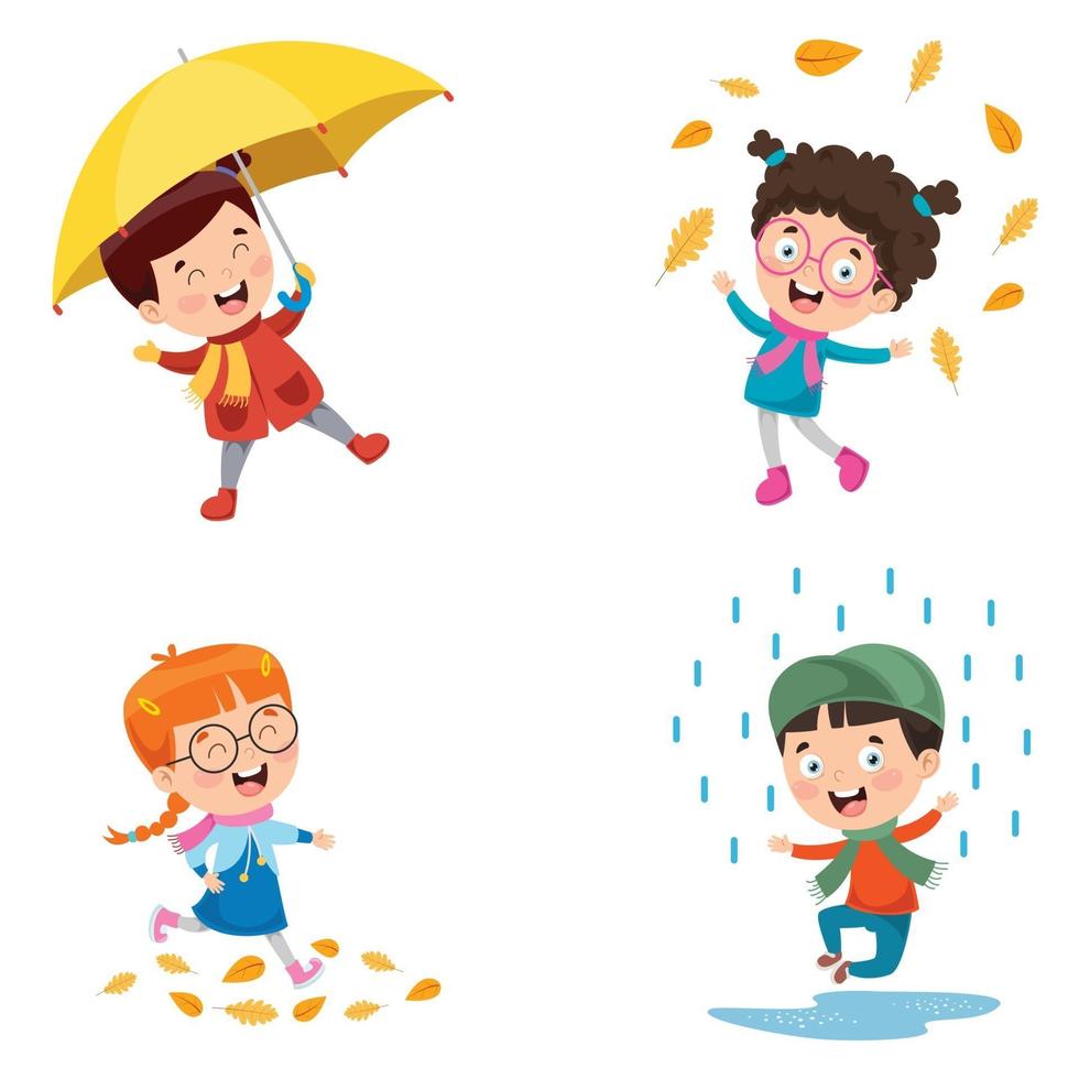 Children Using Umbrella Under The Rain vector