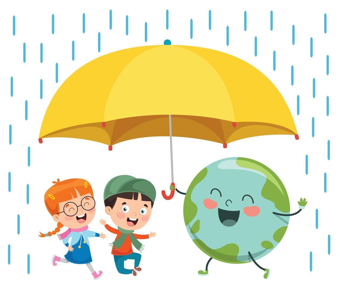 Children Using Umbrella Under The Rain vector