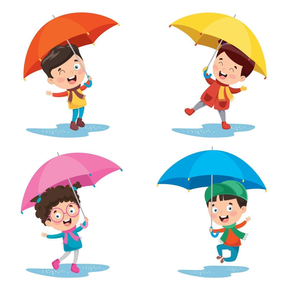 Children Using Umbrella Under The Rain vector
