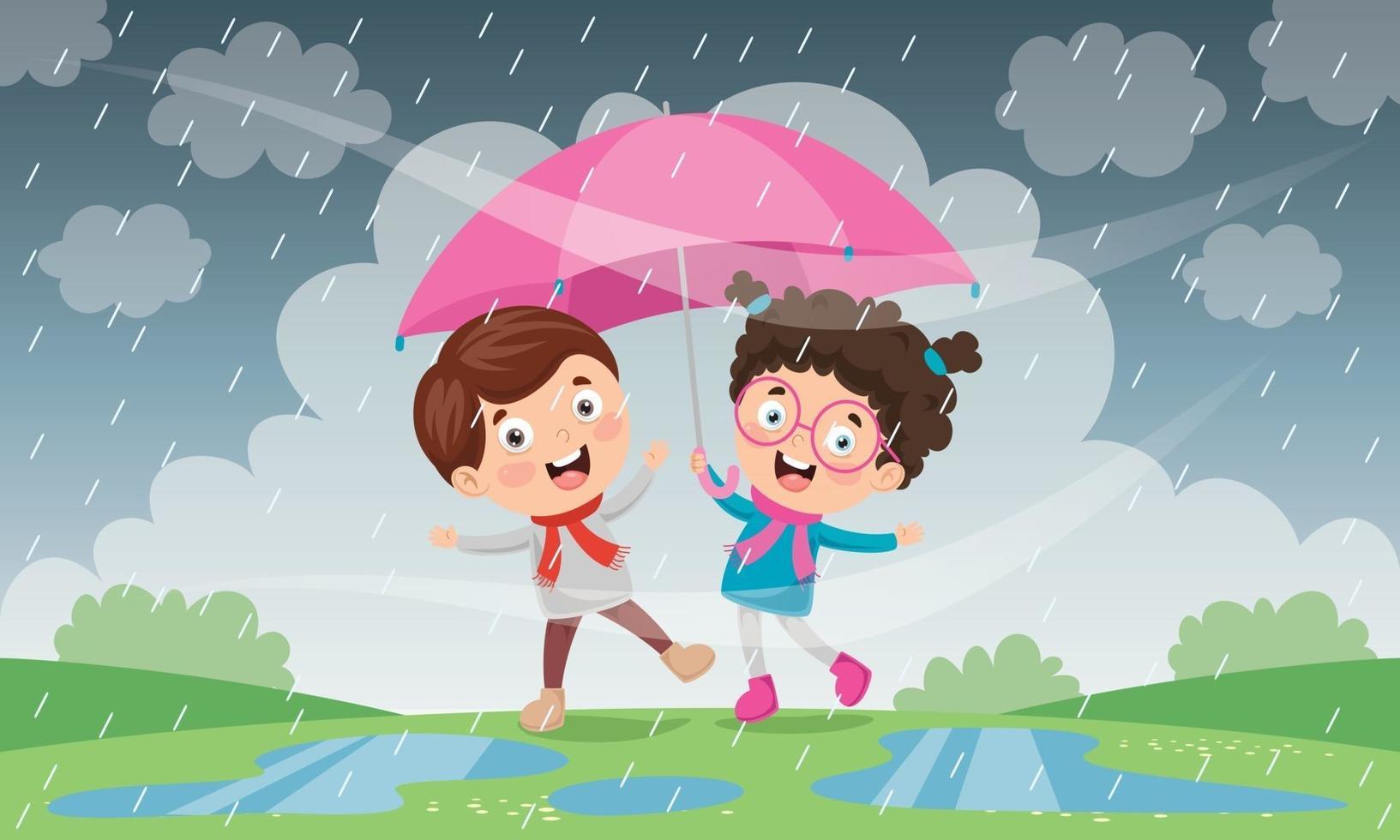 Children Using Umbrella Under The Rain vector