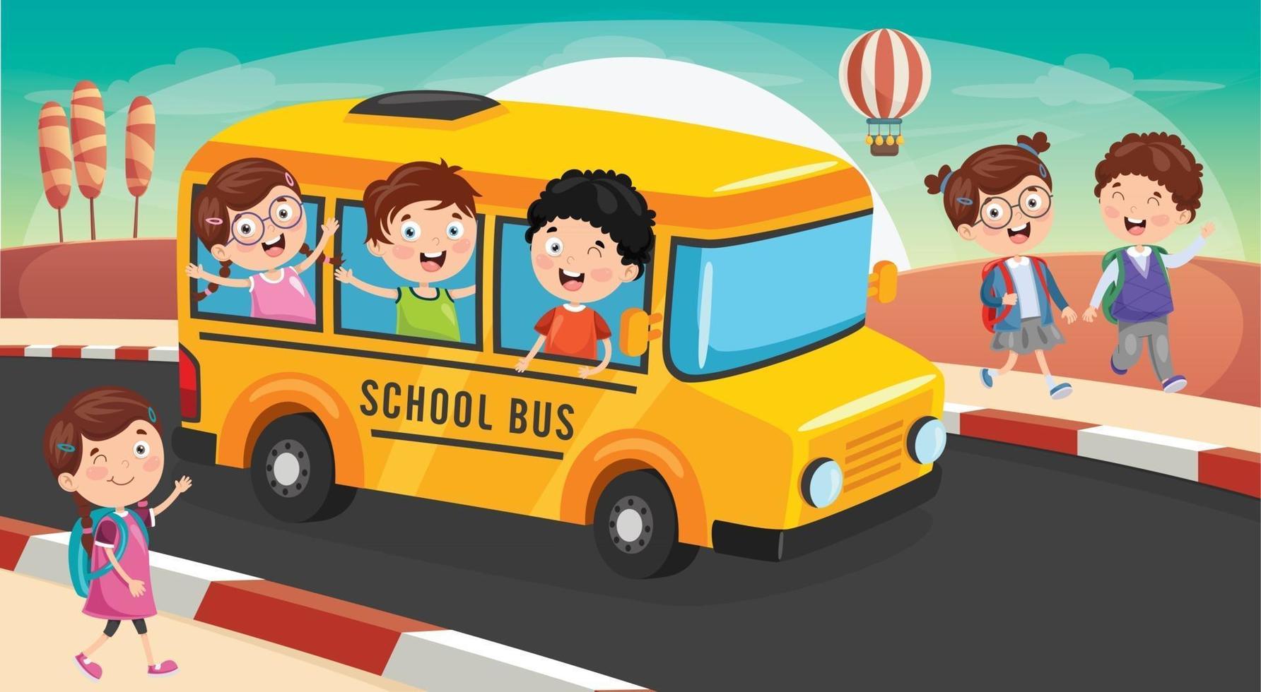 los niños en edad escolar van a la escuela en autobús vector