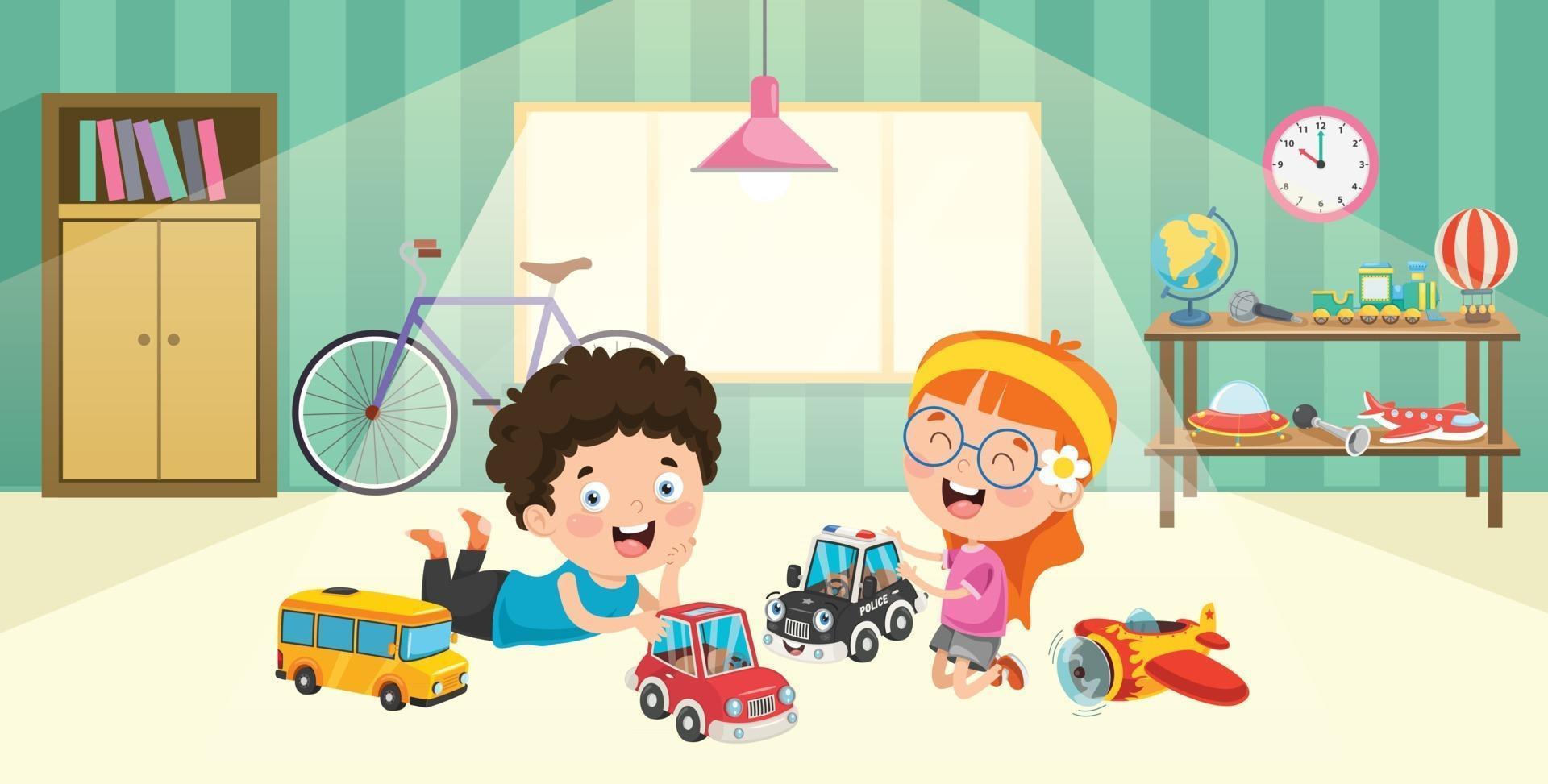 niños jugando con juguetes de coches de carreras. vector