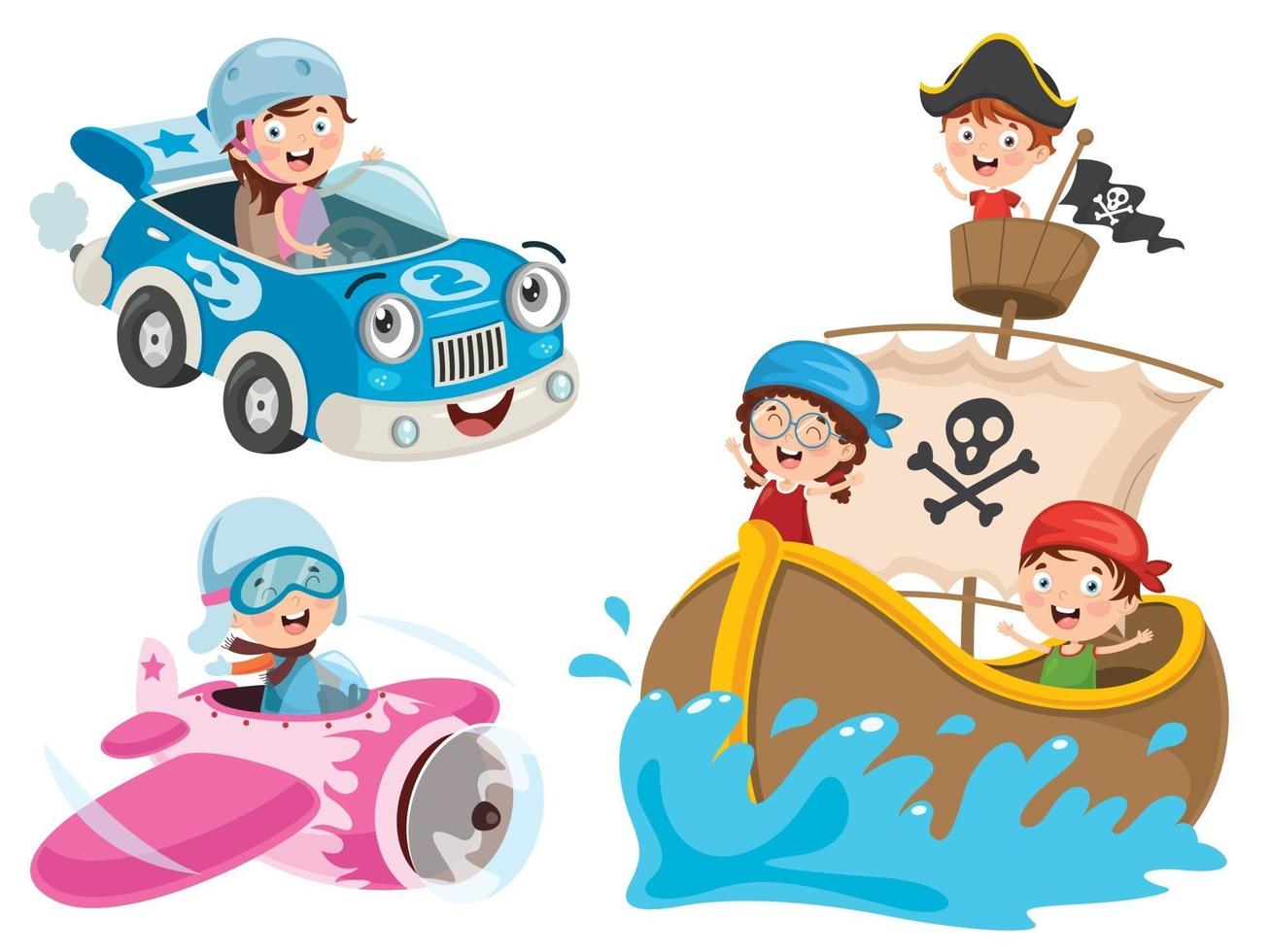 niños en coche, barco pirata y avión. vector
