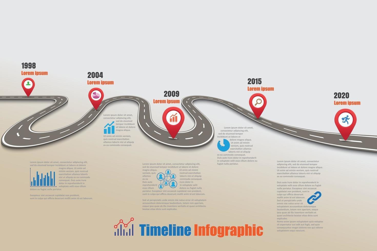 Plantilla de infografía de línea de tiempo de hoja de ruta de negocios con punteros diseñados para hito de fondo abstracto tecnología de proceso de diagrama moderno ilustración de vector de gráfico de presentación de datos de marketing digital