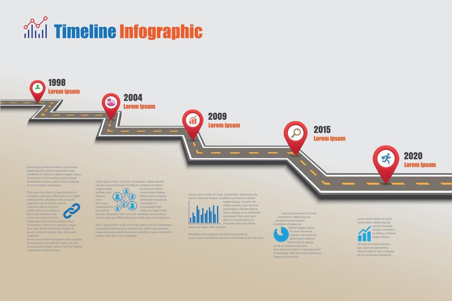 Plantilla de infografía de línea de tiempo de hoja de ruta de negocios con punteros diseñados para hito de fondo abstracto tecnología de proceso de diagrama moderno ilustración de vector de gráfico de presentación de datos de marketing digital