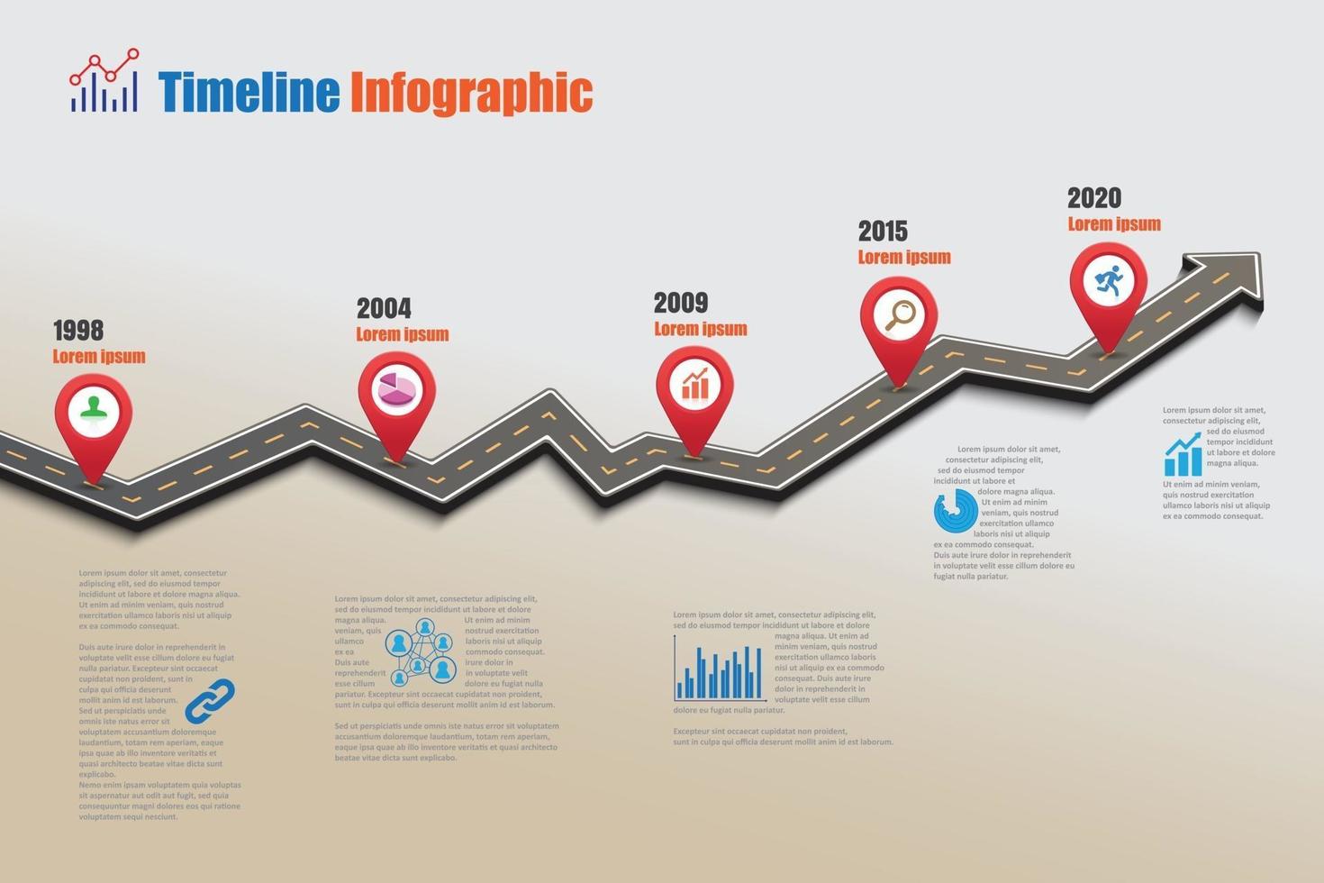 Plantilla de infografía de línea de tiempo de hoja de ruta de negocios con punteros diseñados para hito de fondo abstracto tecnología de proceso de diagrama moderno ilustración de vector de gráfico de presentación de datos de marketing digital