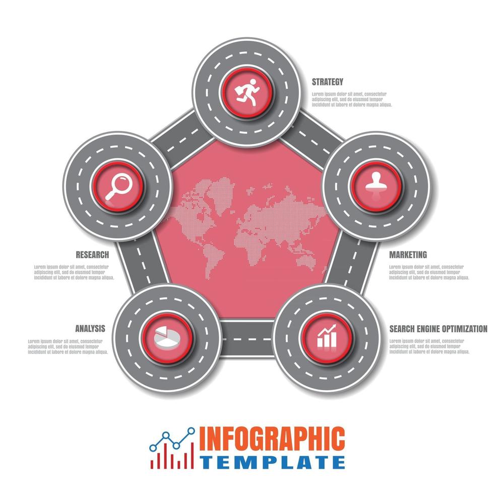 Business road map timeline infographic with 5 steps circle designed for background elements diagram planning process web pages workflow digital technology data presentation chart, Vector illustration