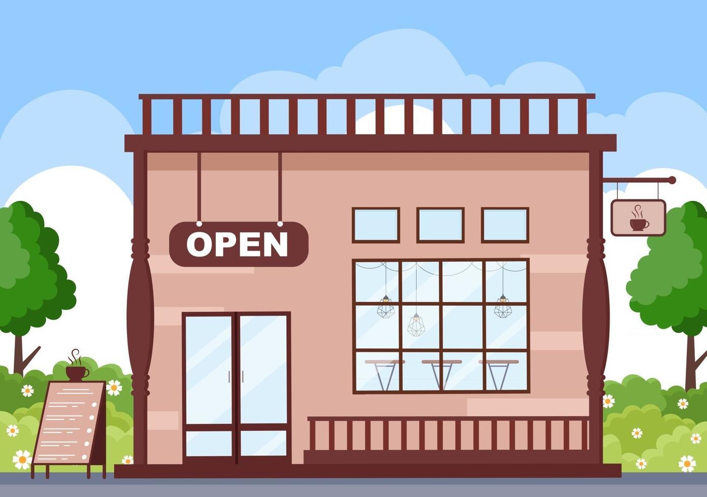 Coffee Shop Illustration With Open Board, Tree, And Building Store Exterior. Flat Design Concept vector