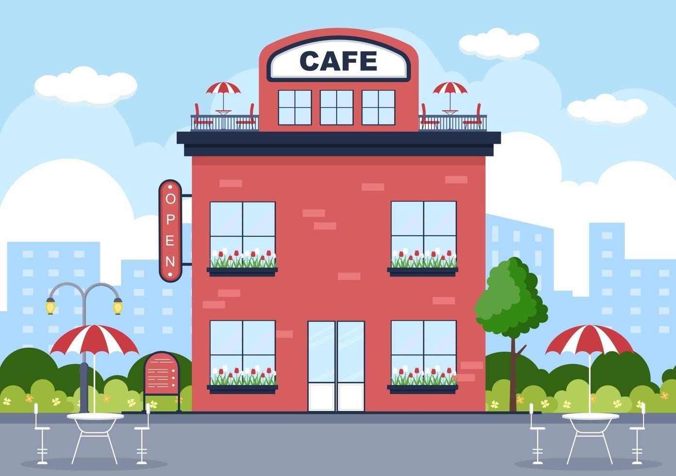 Ilustración de café con tablero abierto, árbol y exterior de la tienda del edificio. concepto de diseño plano vector