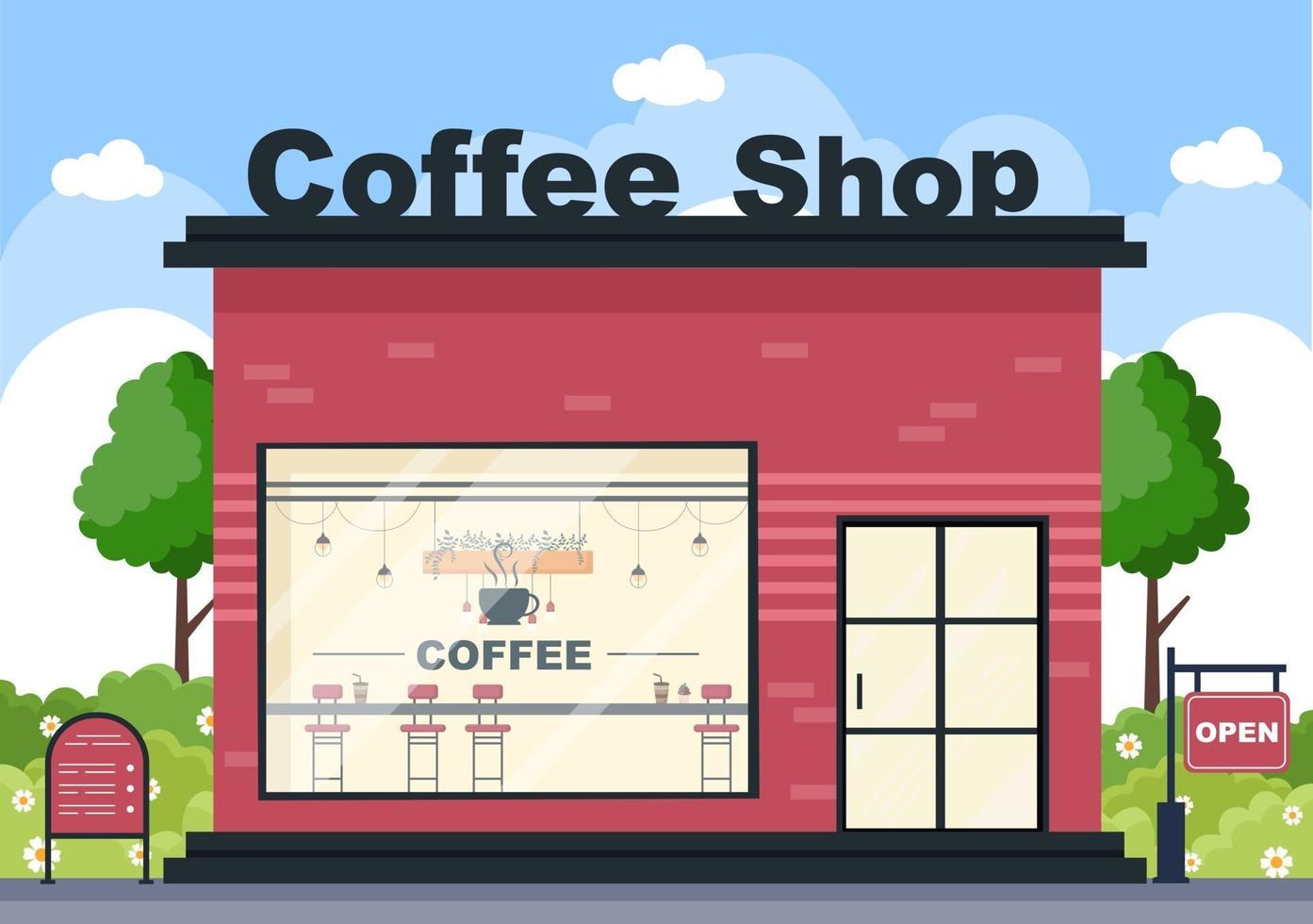 Ilustración de cafetería con tablero abierto, árbol y exterior de la tienda del edificio. concepto de diseño plano vector