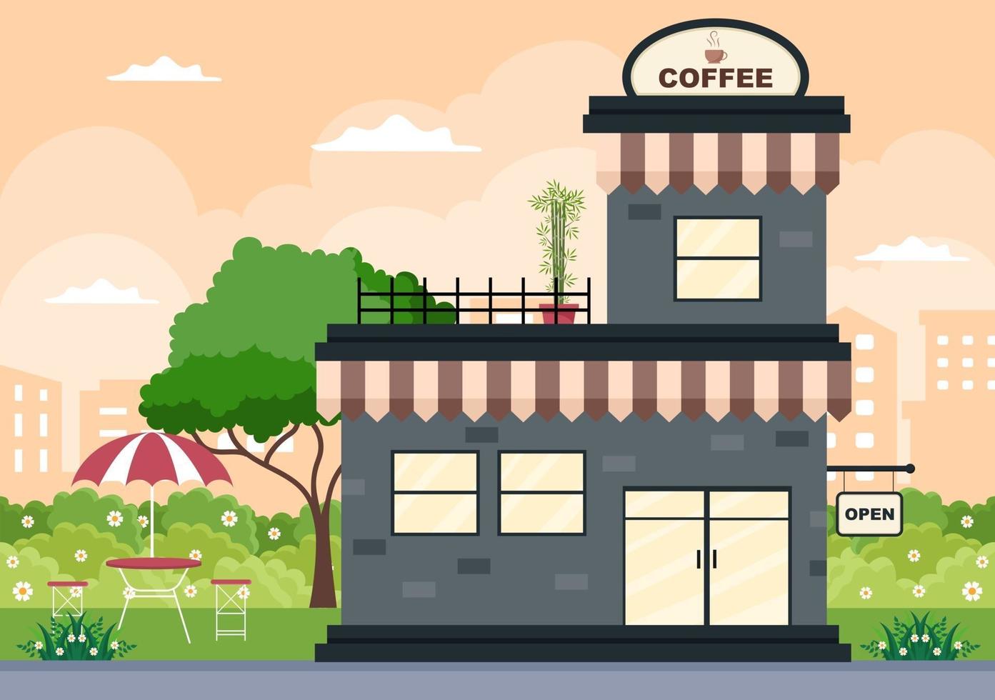 Ilustración de cafetería con tablero abierto, árbol y exterior de la tienda del edificio. concepto de diseño plano vector