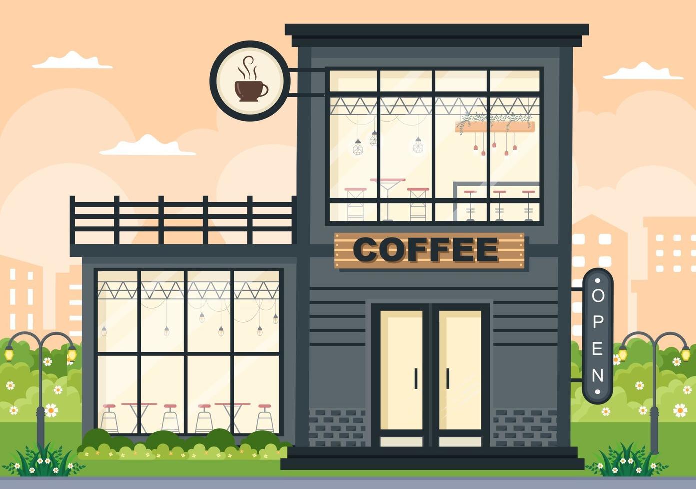 Coffee Shop Illustration With Open Board, Tree, And Building Store Exterior. Flat Design Concept vector