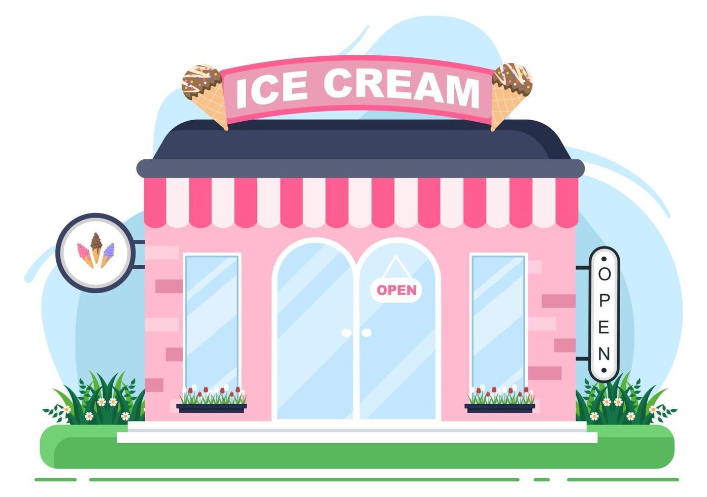 Ice Cream Shop Illustration With Open Board, Tree, And Building Store Exterior. Flat Design Concept vector