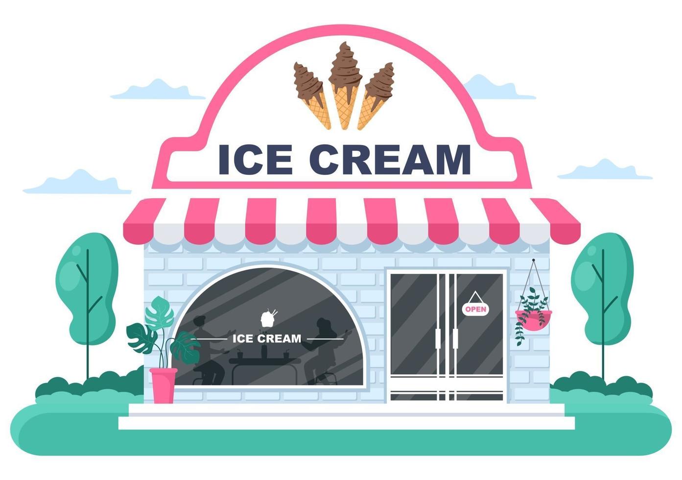 Ilustración de la tienda de helados con tablero abierto, árbol y exterior de la tienda del edificio. concepto de diseño plano vector