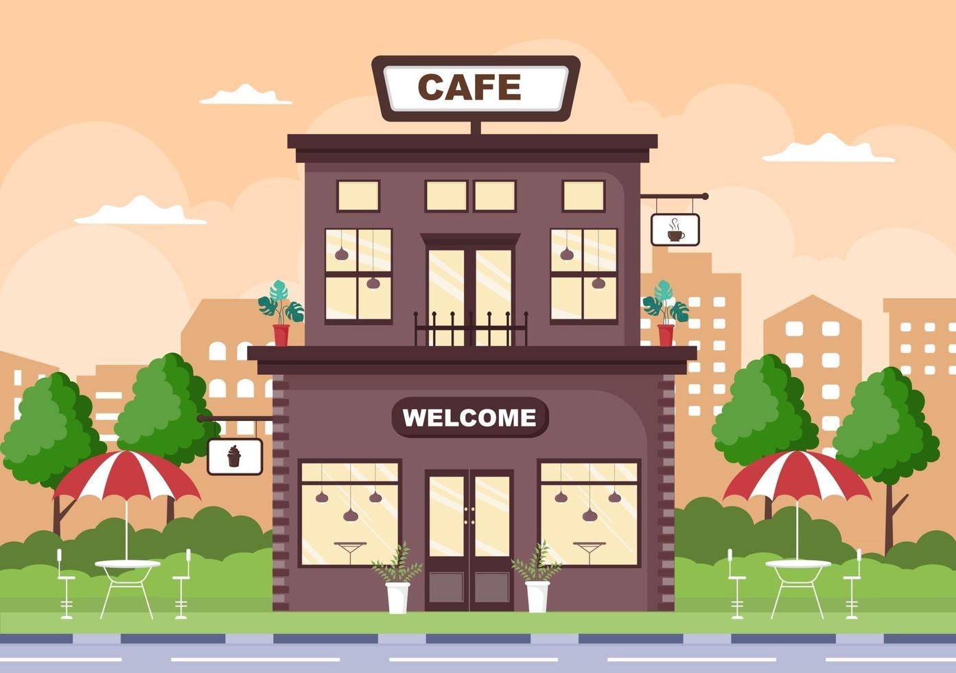 Ilustración de café con tablero abierto, árbol y exterior de la tienda del edificio. concepto de diseño plano vector