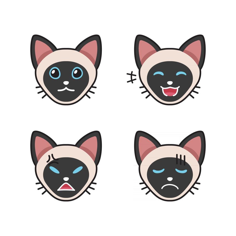 Conjunto de caras de gato siamés que muestran diferentes emociones. vector