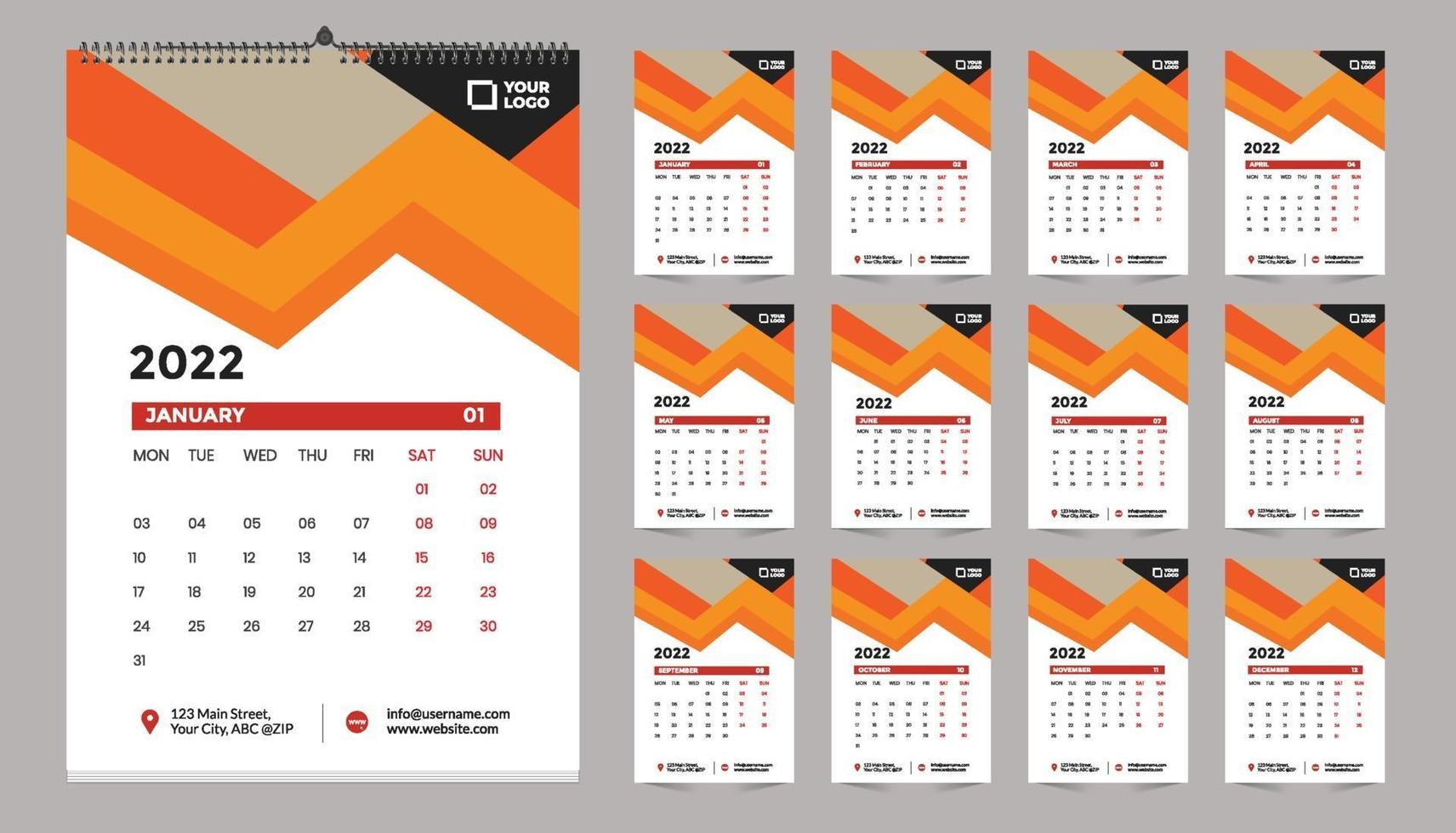 Monthly wall calendar template design for 2022, year. Week starts on Sunday. Planner diary with Place for Photo. vector