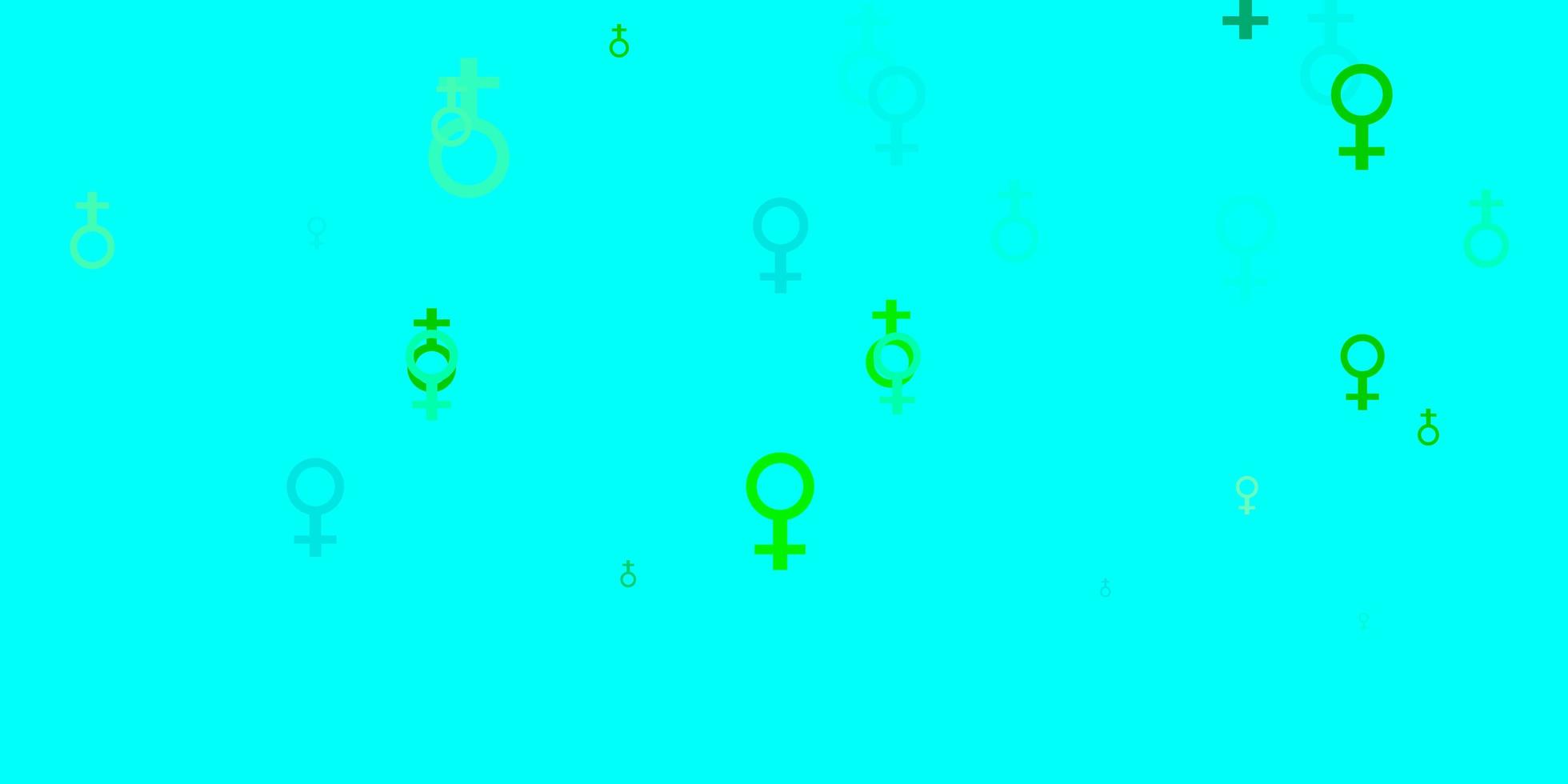 Fondo de vector azul claro, verde con símbolos de poder de la mujer.
