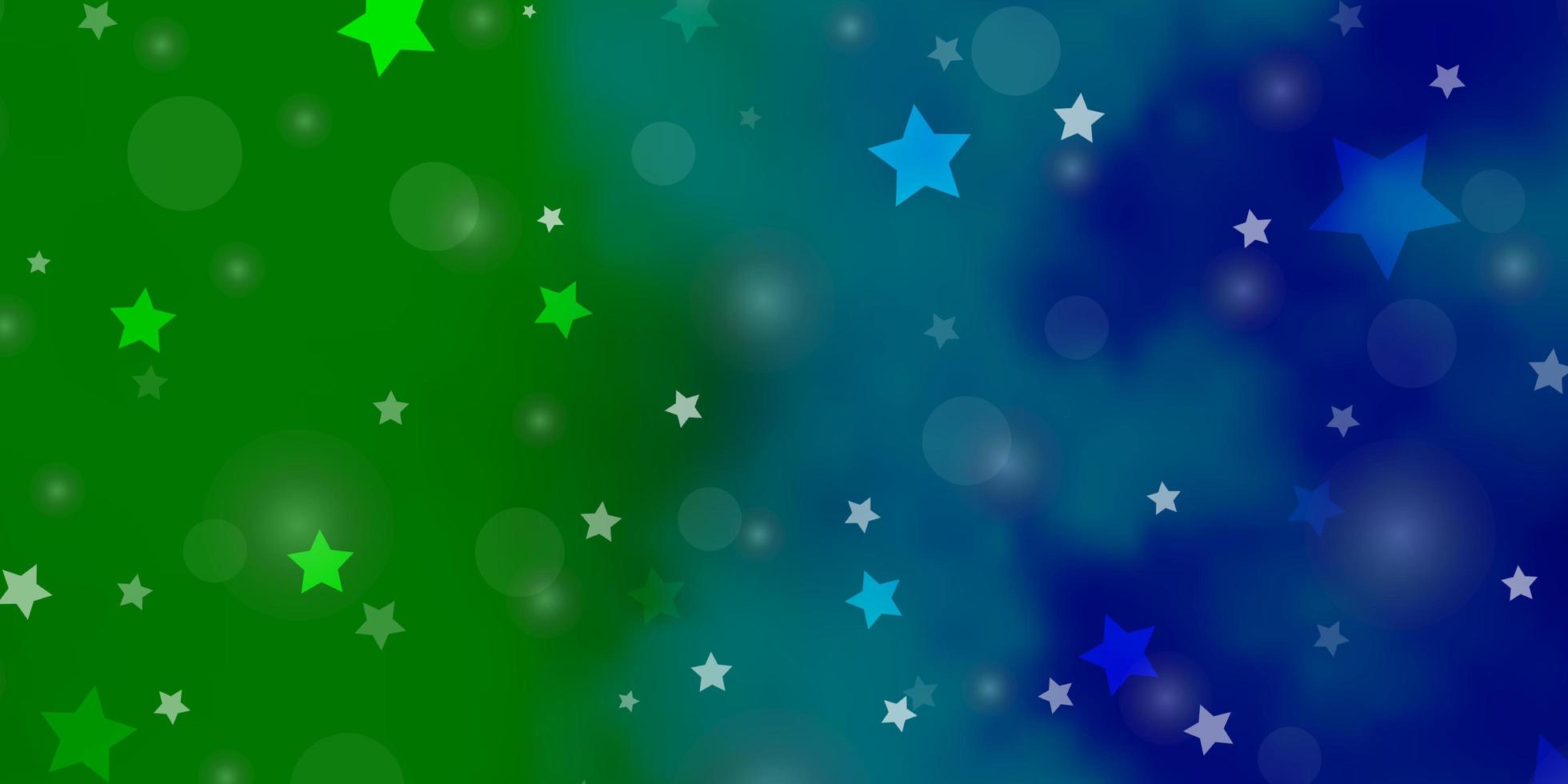 textura de vector azul claro, verde con círculos, estrellas. Ilustración colorida con puntos degradados, estrellas. patrón para tela de moda, fondos de pantalla.