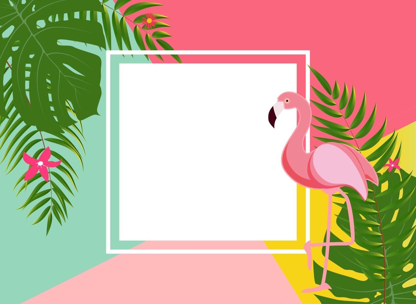 Cute Summer Abstract Frame Background with Pink Flamingo Vector Illustration