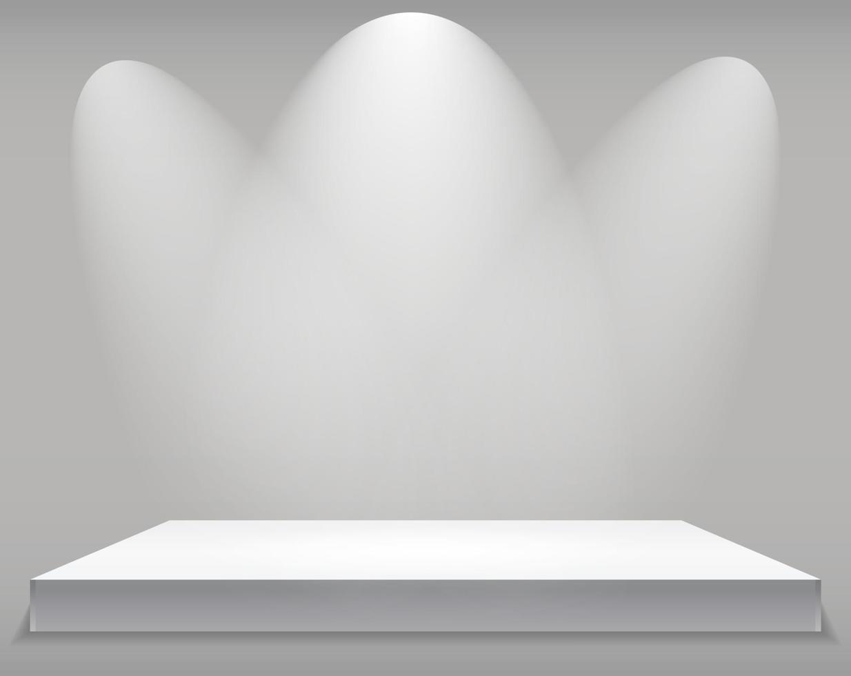 Exhibition Concept, White Empty Shelf Stand with Illumination on Gray Background. Template for Your Content. 3d Vector Illustration