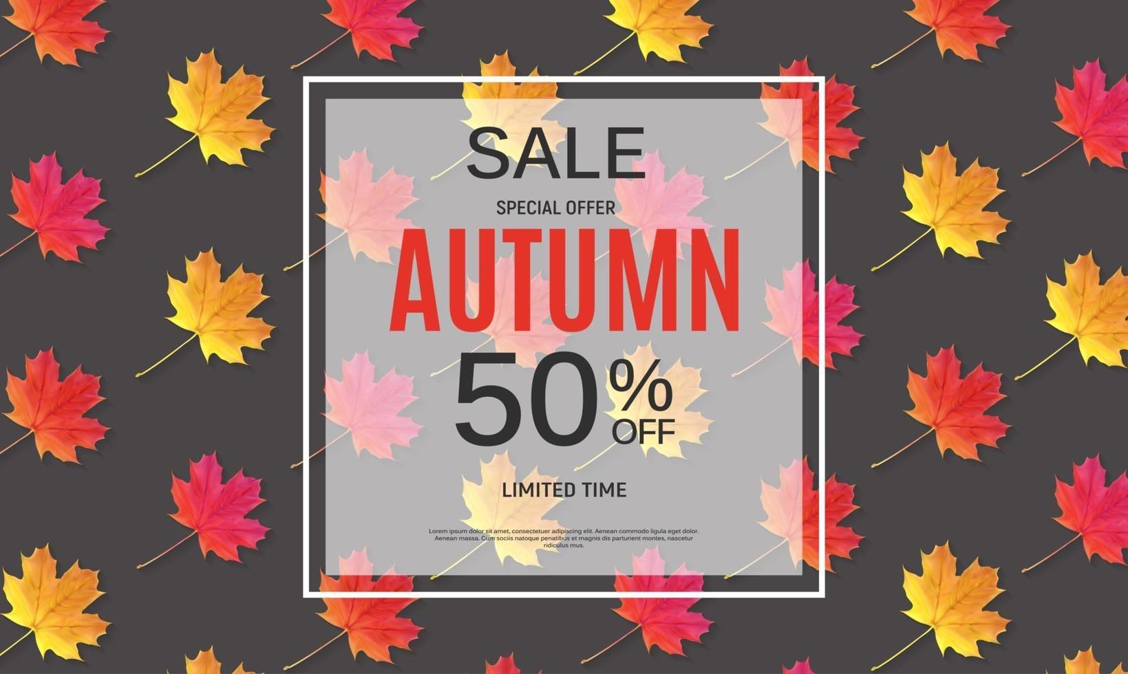 Banner de venta de hojas de otoño brillante. tarjeta de descuento comercial. ilustración vectorial vector