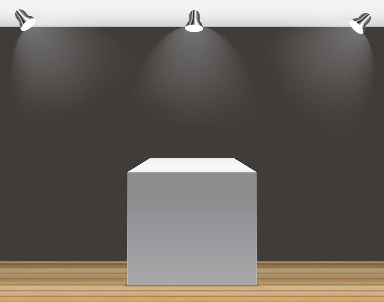 Exhibition Concept, White Empty Box, Stand with Illumination on Gray Background. Template for Your Content. 3d Vector Illustration
