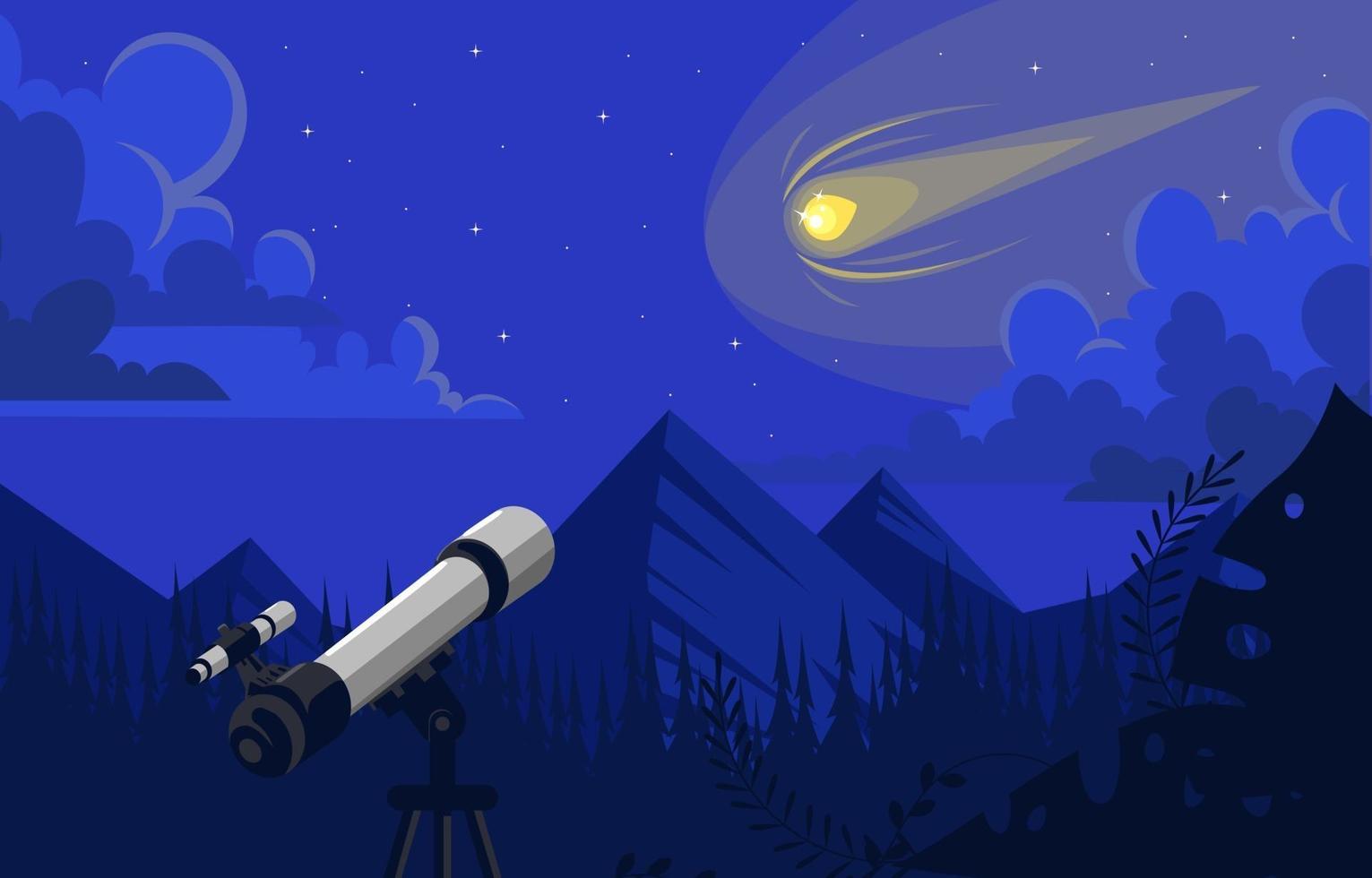 ver meteoritos usando telescopio en el cielo nocturno vector
