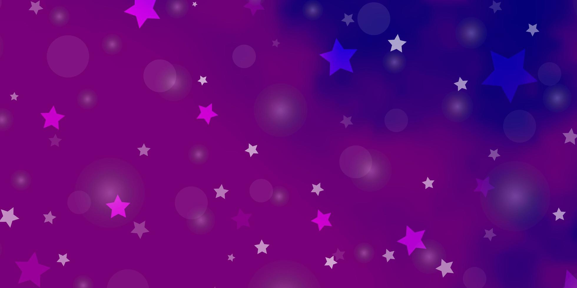 Fondo de vector violeta, rosa claro con círculos, estrellas. Ilustración con un conjunto de esferas abstractas de colores, estrellas. patrón para el diseño de tela, fondos de pantalla.