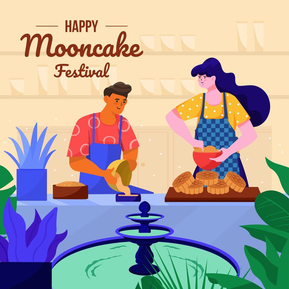 Couple Preparing Mooncake In The Kitchen Concept vector