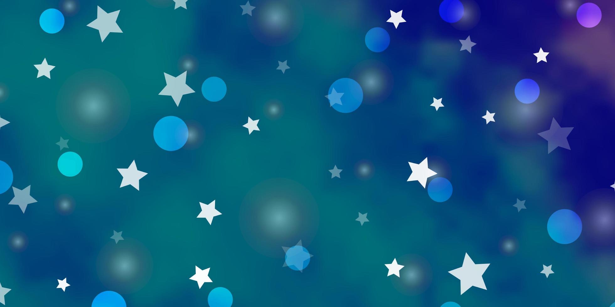 Telón de fondo de vector rosa claro, azul con círculos, estrellas. Ilustración con un conjunto de esferas abstractas de colores, estrellas. textura para persianas, cortinas.