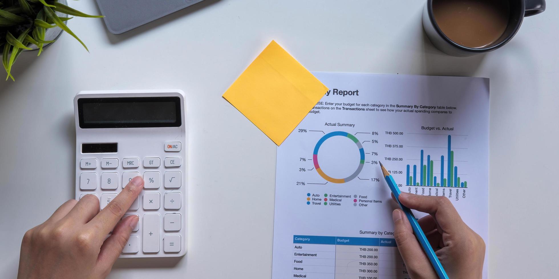 mujer con informe financiero y calculadora. Mujer con calculadora para calcular el informe en la mesa en la oficina foto