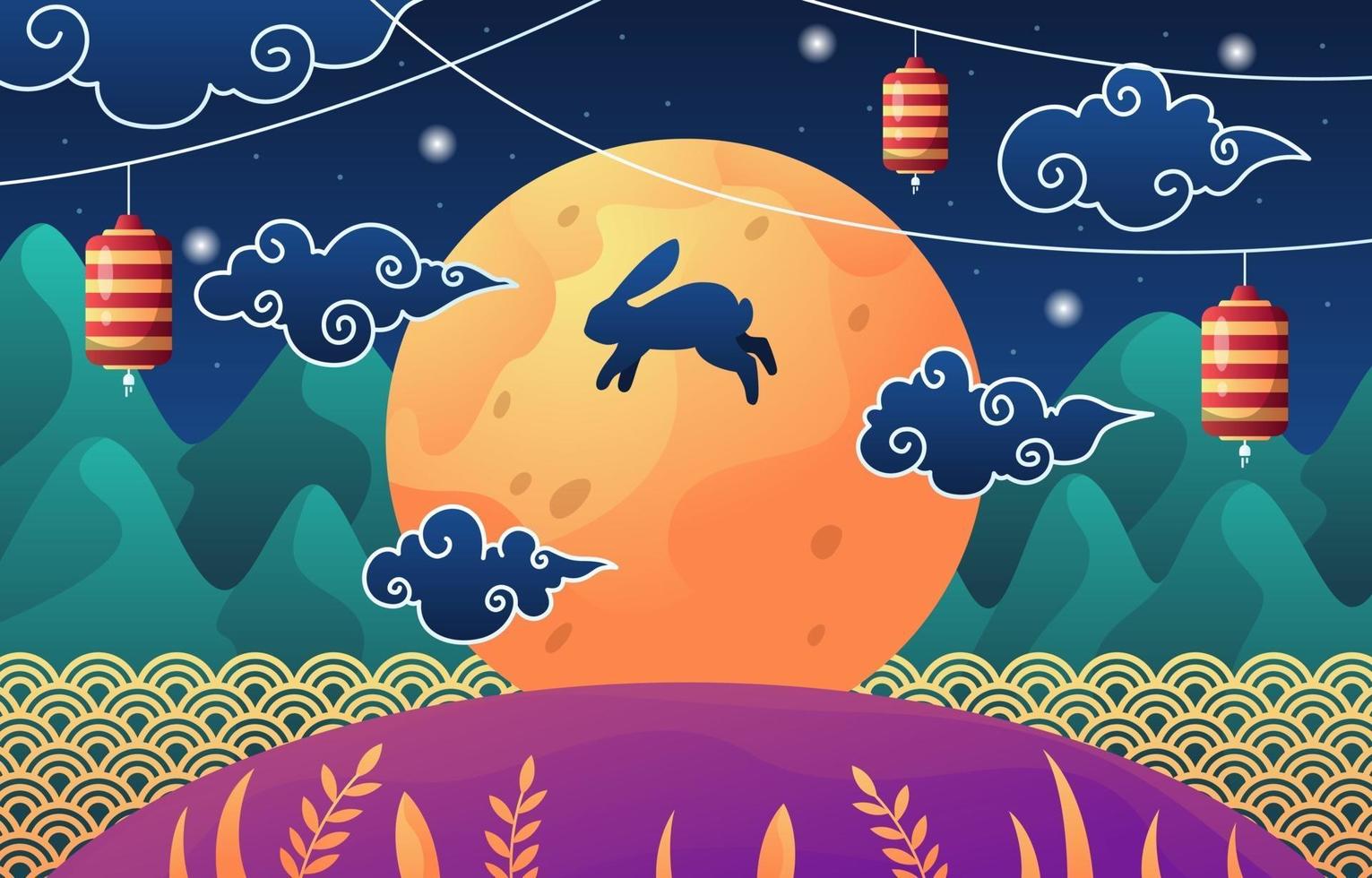 conejo a la luz de la luna mientras el festival del medio otoño vector