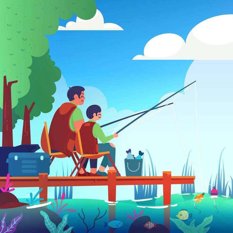 Father and Son Summer Fishing Activity vector