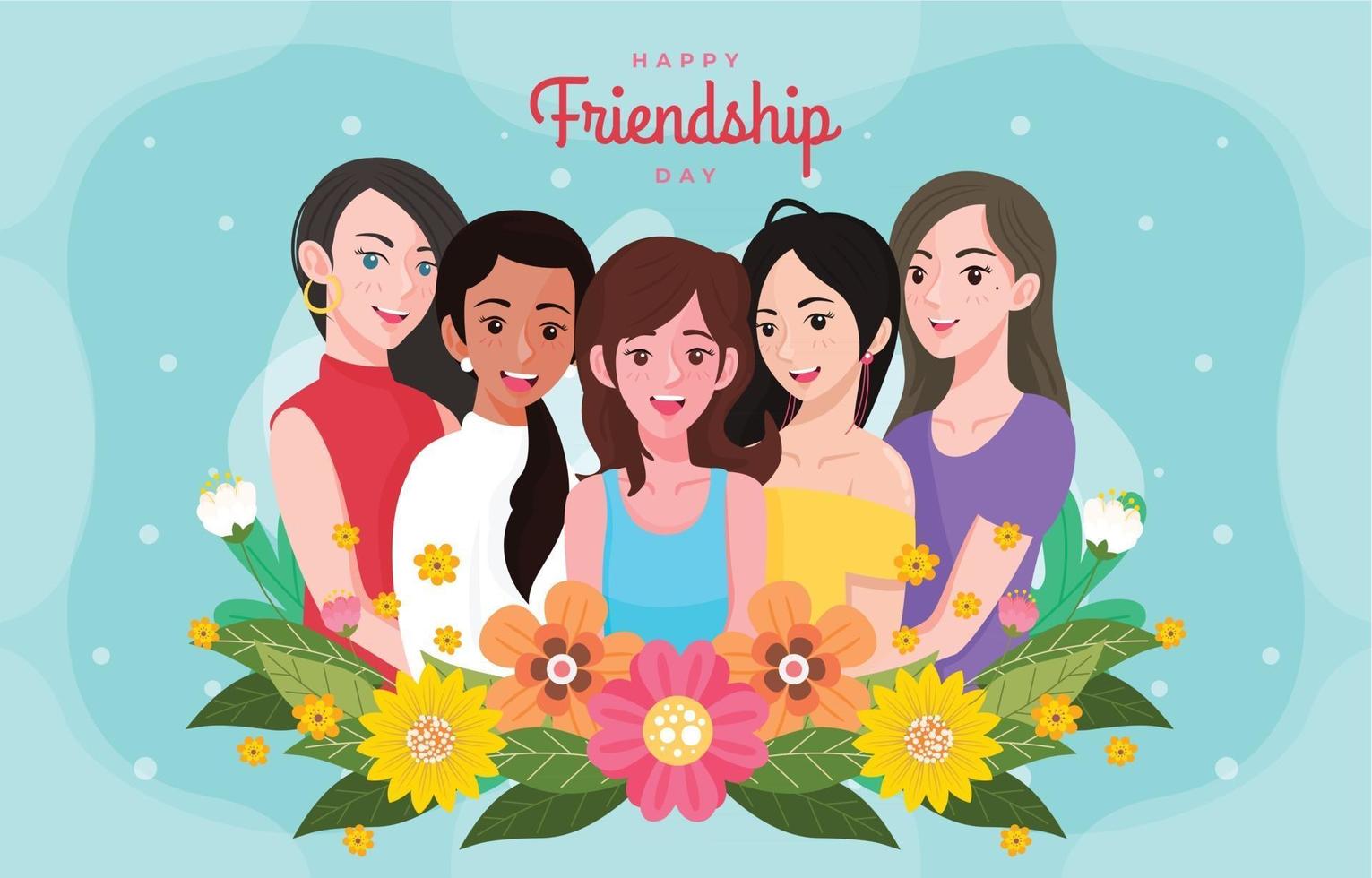 feliz dia de la amistad con cinco chicas guapas vector