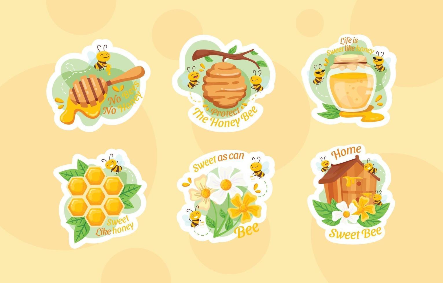 Cute Bee Character with Honey Element Sticker Set vector