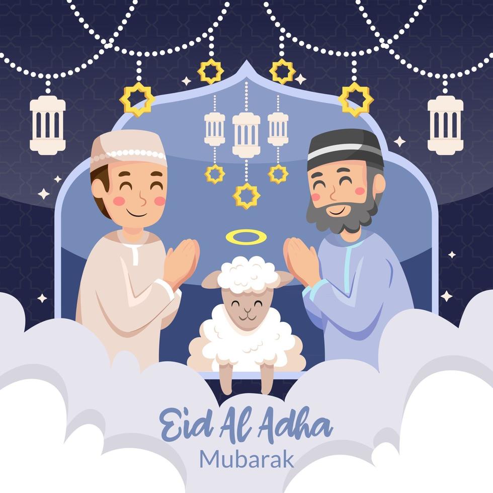 padre e hijo celebrando eid al adha vector