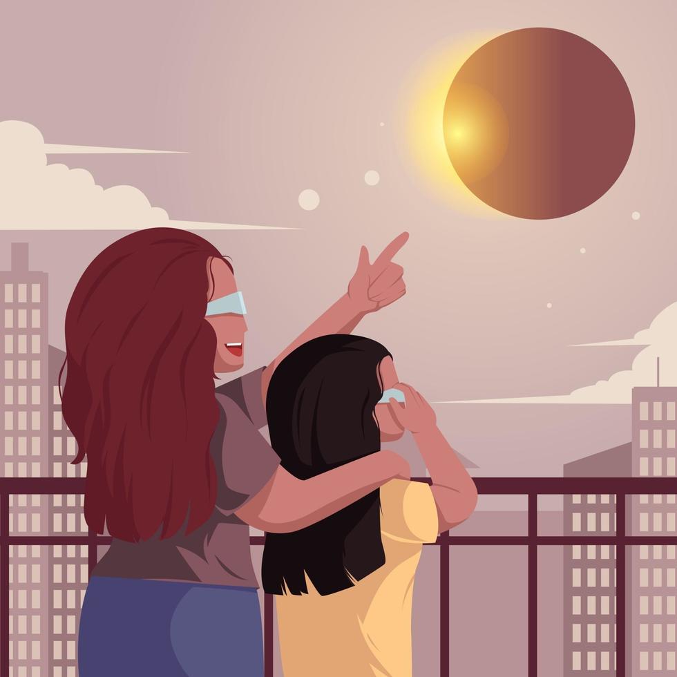 madre e hija viendo el eclipse solar juntas vector