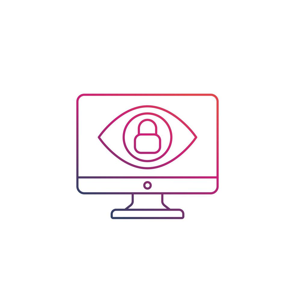 Monitoring, parental control icon, eye on computer screen with lock, linear vector