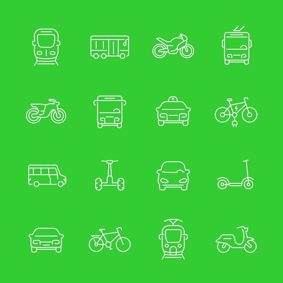 transporte de la ciudad, furgoneta de tránsito, taxi, autobús, taxi, metro, tren, bicicletas, scooters, conjunto de iconos de línea vector